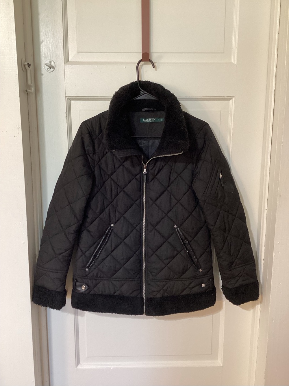 Ralph Lauren Black Quilted Puffer Jacket with Faux Fur Trim